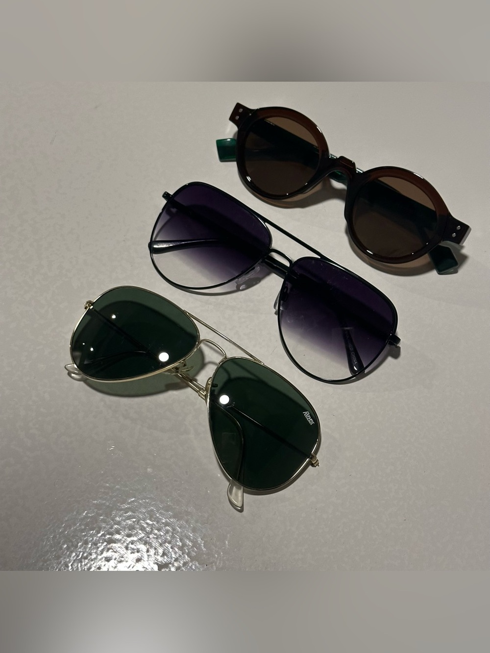 Retro Sunglasses Bundle- Rayex Gold & Green Lenses, Black Aviator, Brown & Green